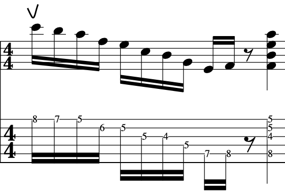 Musical notation showing a series of alternate picking guitar technique notes in 4/4 time signature, including both treble and bass clef sections, indicating a melodic sequence and finger positions.