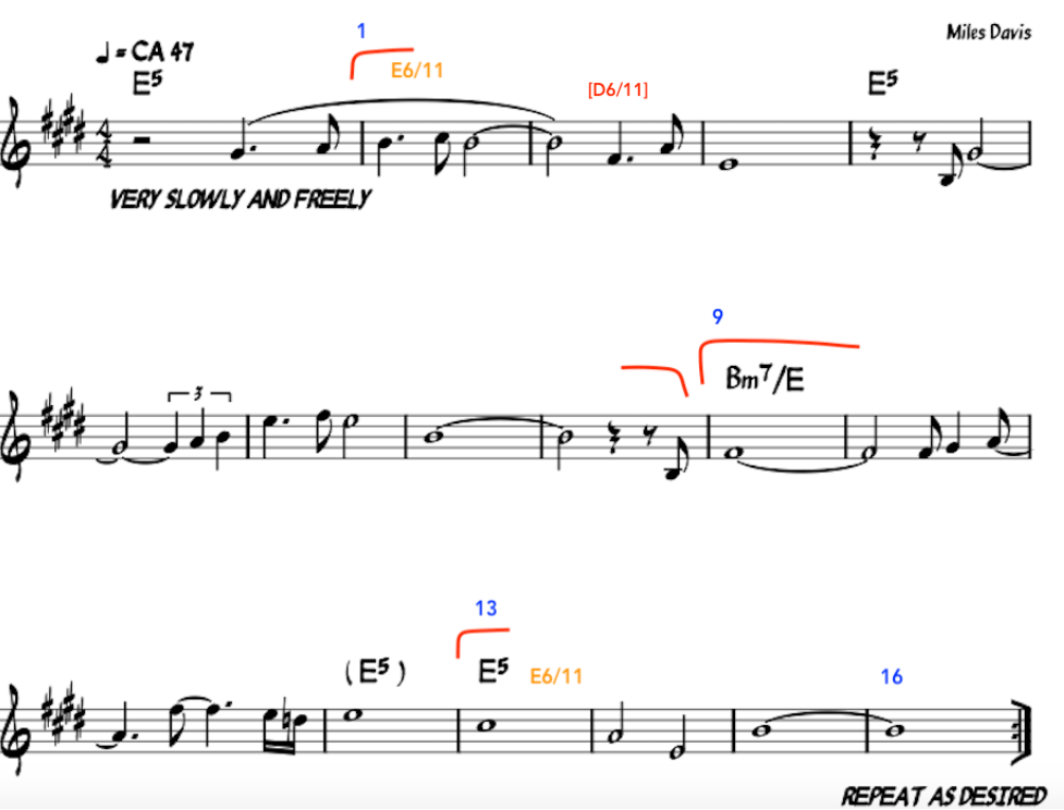 A notated piece of sheet music for Joe Zawinal and John McLaughlin "In a silent way" chords and melody.