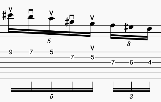 Sheet music showing guitar alternate picking tablature with notes and finger placements, including various symbols and measures.