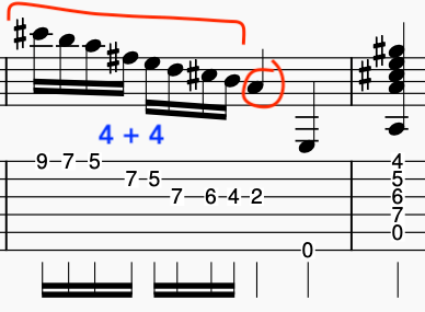 Musical notation with a staff displaying notes, rhythmic values, and a guitar tab indicating specific frets and strings for fretting hand when alternate picking technique is employed.