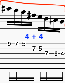 Sheet music featuring Shakti McLaughlin guitar tablature with notations and finger positions, including a section labeled '4 + 4'.