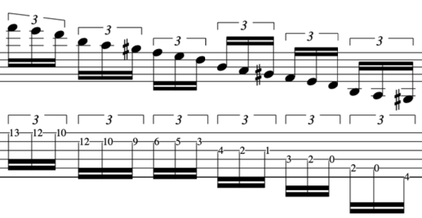 Sheet music featuring guitar tablature and standard notation, for the hexatonic guitar scale built from the harmonic minor scale.