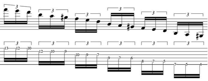 Sheet music displaying John McLaughlin's hexatonic guitar scale built form the harmonic minor scale