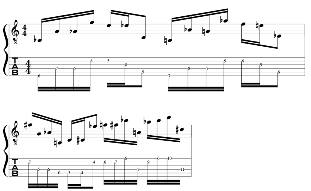 Sheet music showing a Frank Zappa guitar piece in 4/4 time signature, including standard notation and tablature for performance with octave displacement.