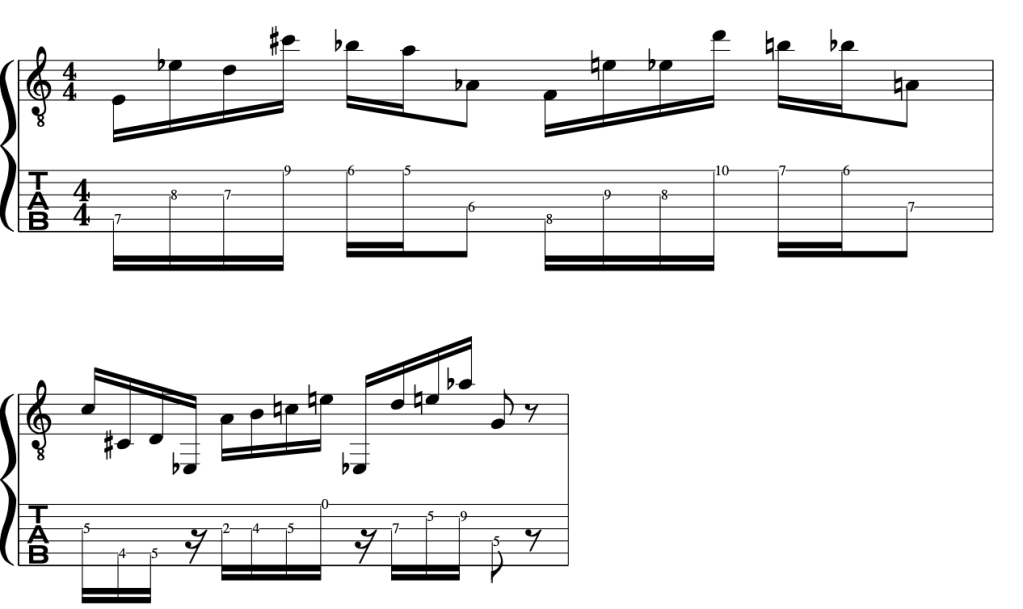 Sheet music featuring musical notes and tablature for guitar octave displacement in 4/4 time signature.