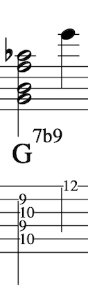 Musical notation depicting a John Mclaughlin G7b9 guitar chord voicing with corresponding fret numbers and tablature.