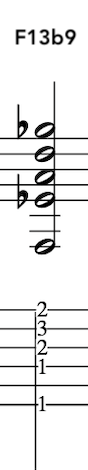 Chord diagram for F13b9 with chord tones indicated on a guitar fretboard.  John McLaughlin's guitar chord voicing for 'Blue in Green'.