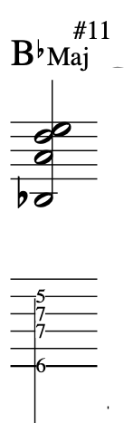 Music notation for B♭ major chord including #11, with tablature for guitar showing frets 5, 7, and 6. John McLaughlin's chord for Blue in Green