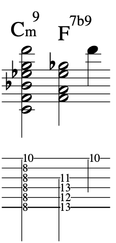 Musical notation showing Cm9 and F7b9 chords on staff, with corresponding fretboard diagram for guitar.