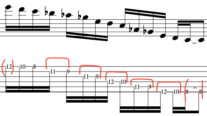Musical staff and guitar tablature showing notes and finger positions of the whole tone scale in pentatonic form with red slur and bend markings