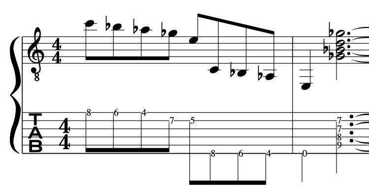 Sheet music with treble clef and tablature showing whole tone scale musical notes and finger positions on a guitar fretboard