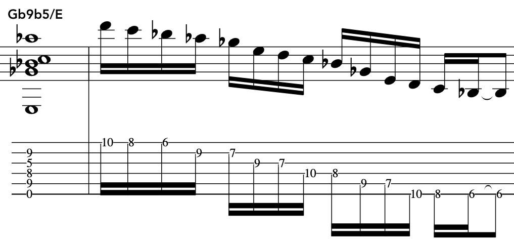 Sheet music and guitar tablature for a Messiaen piece in Gb9b5/E chord showing notes and finger positions