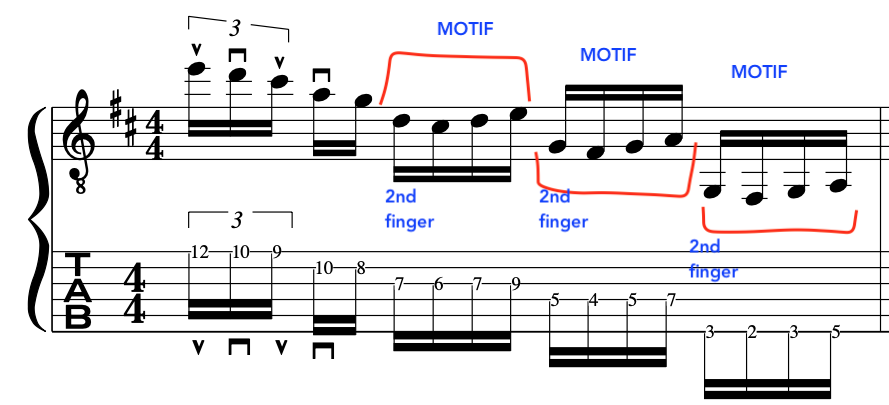 Sheet music displaying John McLaughlin Guitar Fingering Lesson for Indian Shakti style guitar