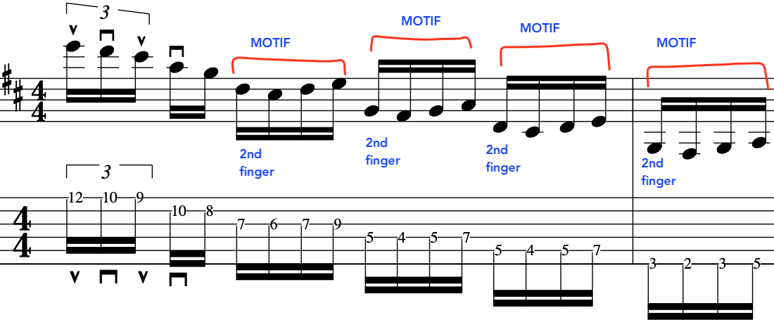 Sheet music displaying John McLaughlin Guitar Fingering Lesson for Indian Shakti style guitar