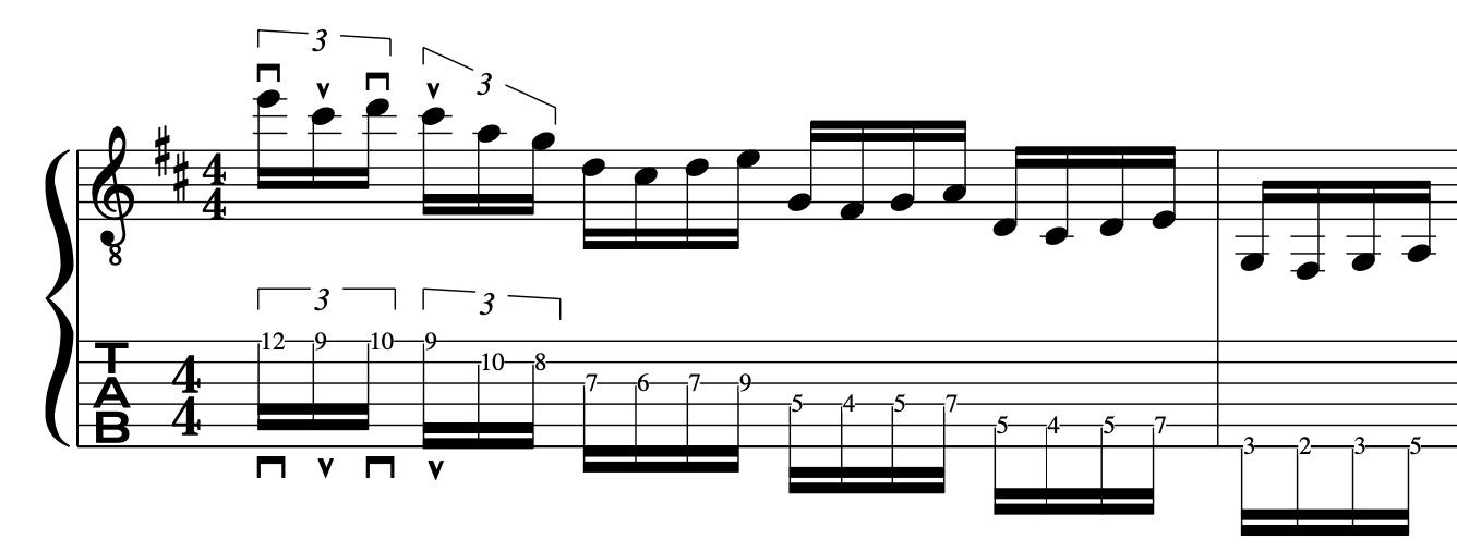 Sheet music showingJohn McLaughlin guitar fingering and alternate picking guitar Shakti Indian Mixolydain example in tab and notation