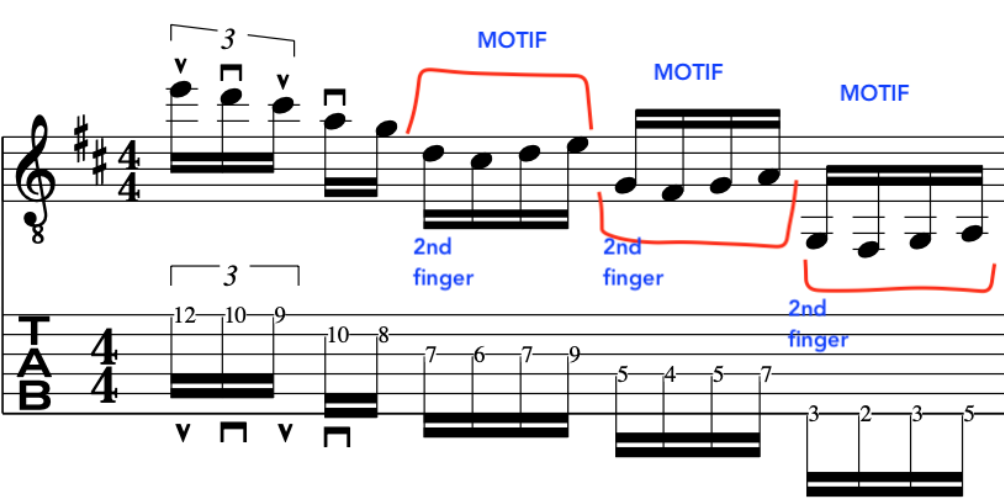 John McLaughlin shakti guitar alternate picking example John McLaughlin shakti guitar motif and fingering lesson with music notation and guitar tab example