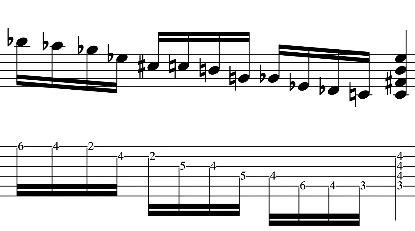 diagram depicting guitarist John McLaughlin improvisation over Slash Chord B/C Example in music notation and guitar tablature