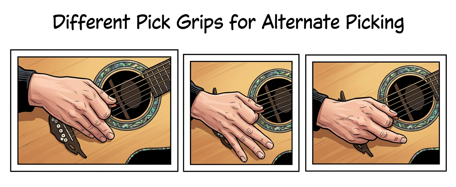 alternate picking guitar pick grips Three pictures demonstrating how to grip the guitar pick correctly for fast alternate picking guitar phrases in the syle of malmsteen, mclaughlin and al di meola and other guitar shredders.