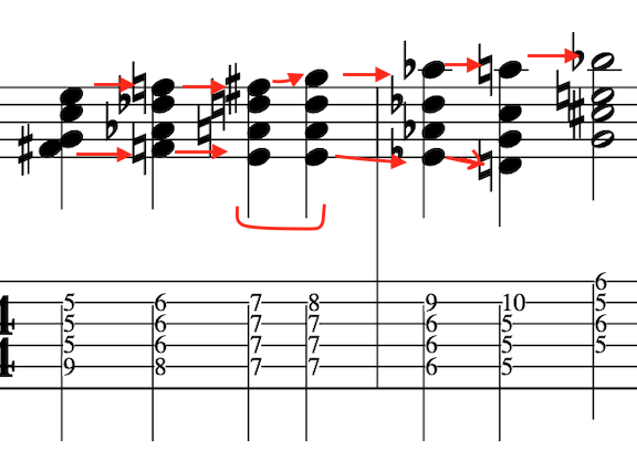 image shows John McLaughlin contrary motion guitar chords in tab and music notation.