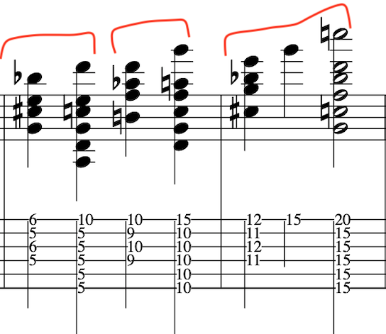 image shows John McLaughlin guitar chords in tab and music notation.